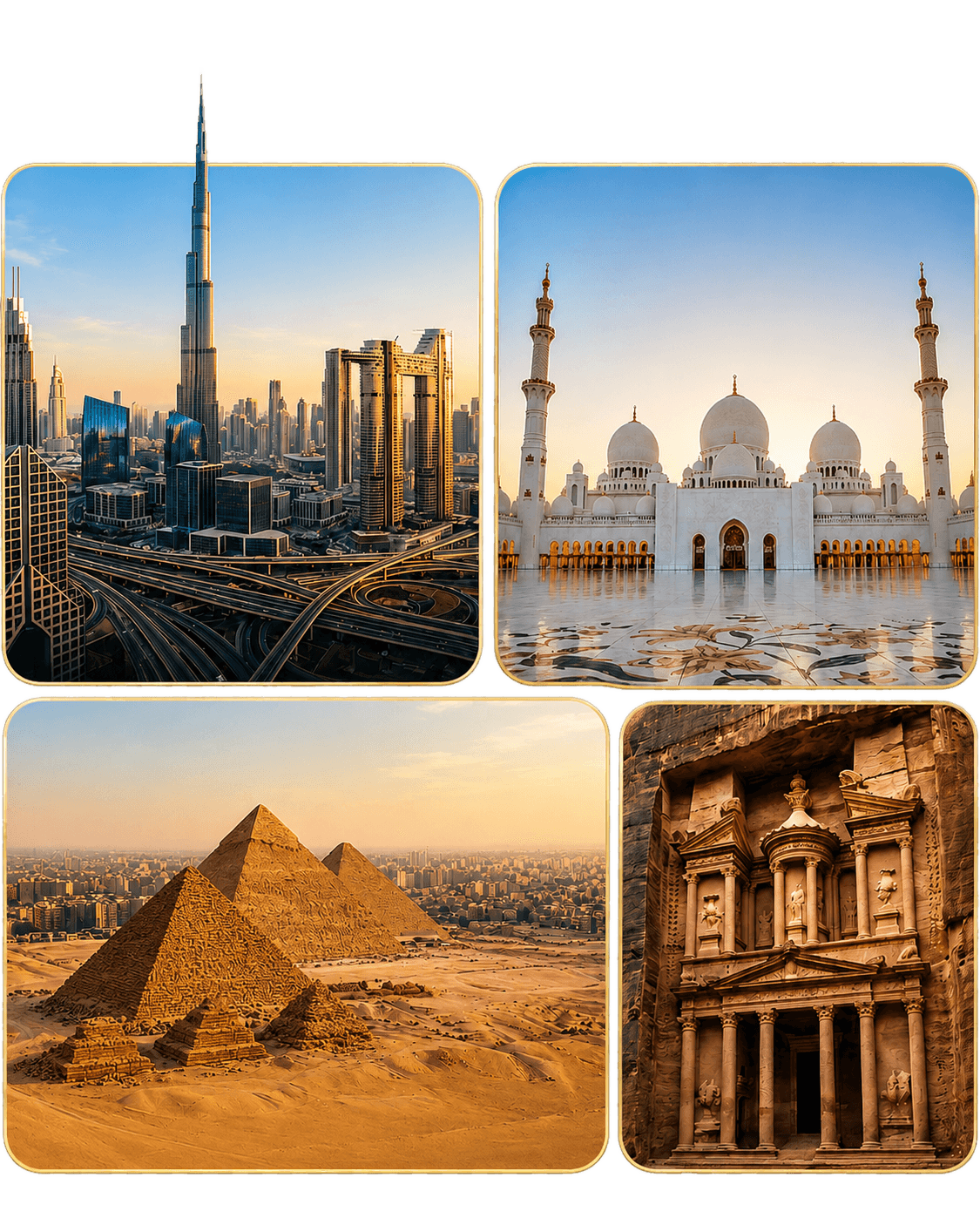 Dubai, Abu Dhabi, Cairo and Petra landmarks